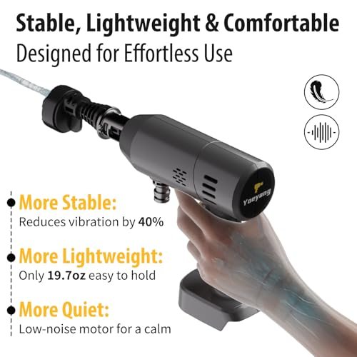 Hand holding Yoeyang handheld cleaning tool gun with flexible hose attached, highlighting stable lightweight quiet features