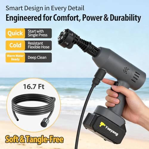 Person holding Yoeyang cleaning gun outdoors near beach with 16.7 foot tangle-free flexible hose coiled beside it